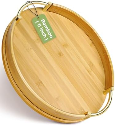 JUPELI 11.8′′ Round Bamboo Serving Tray with Handles – Decorative