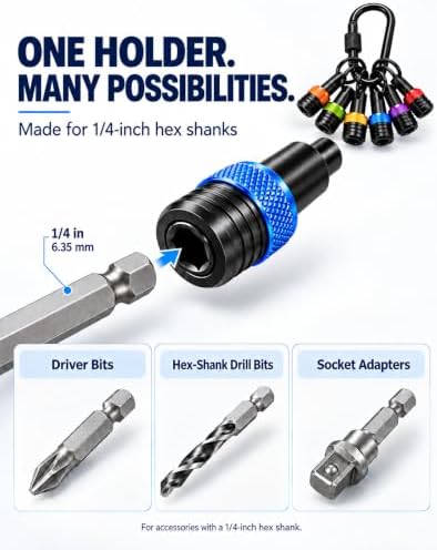 6pcs Bit Holder Keychain with Clip for 1/4" Hex Shank, Gift for Men