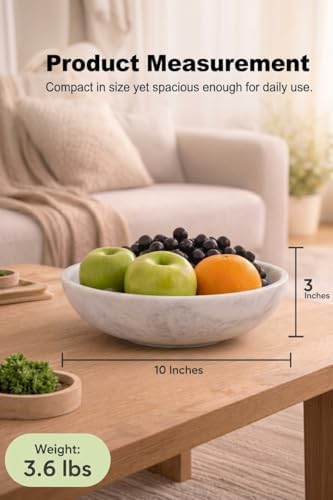 Radicaln Marble Fruit Bowl for Kitchen Counter, 10" White Decorative