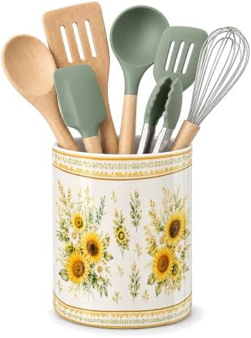 Yellow Sunflower Garden Ceramic Kitchen Utensil Holder 6.3"