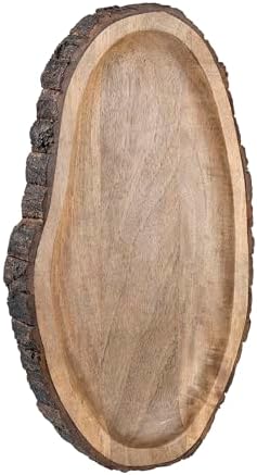 GoCraft Oval Wooden Serving Platter with Tree Bark Edges – Mango Wood