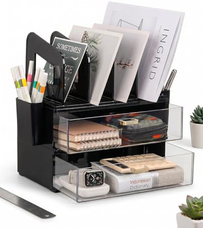 LALOBLUE Acrylic Desk Organizer with Drawer and Vertical File Holder