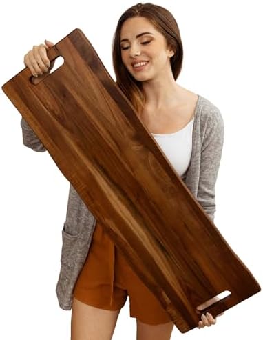 Large Acacia Serving Board with Handles, 36 x 12 Inch Rectangular