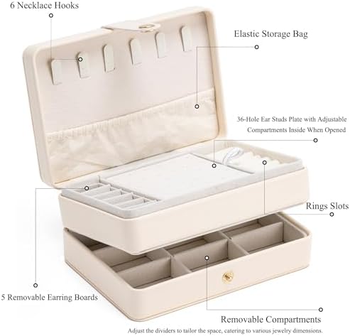 Travel Jewelry Case, 2-Layer Large Jewelry Organizer Box, Beige, PU