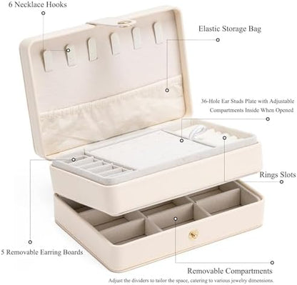 Travel Jewelry Case, 2-Layer Large Jewelry Organizer Box, Beige, PU