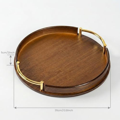 12-Inch Round Bamboo Serving Tray with Handles, Dark Brown Wooden