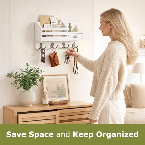 Key Holder Wall Mount, Wooden Key and Mail Organizer, White