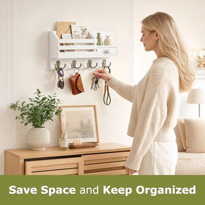 Key Holder Wall Mount, Wooden Key and Mail Organizer, White