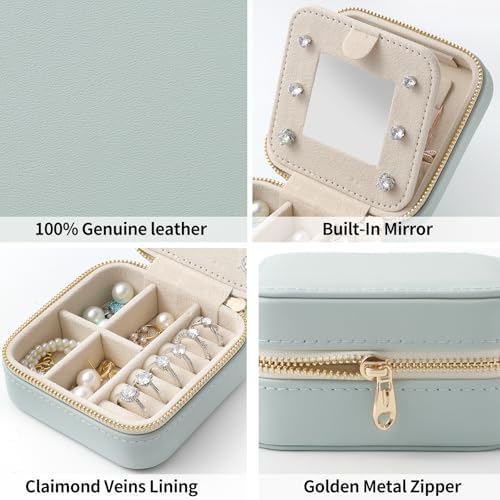 Genuine Leather Travel Jewelry Organizer Case with Mirror for Women