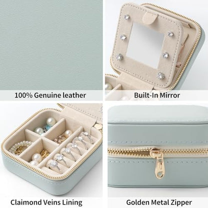 Genuine Leather Travel Jewelry Organizer Case with Mirror for Women