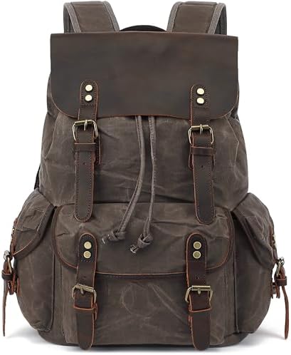 HuaChen Vintage Waxed Canvas Backpack with Genuine Leather Flap