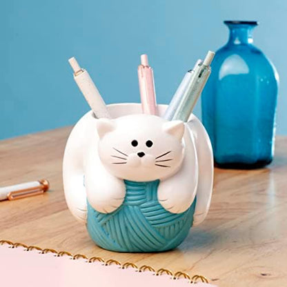 Chapman and Grand Relaxing Kitty Cat Pen Holder, White/Turquoise