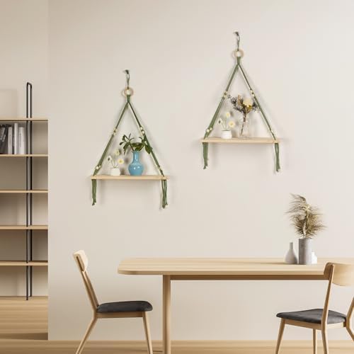 HVEST Green Hanging Shelf Set of 2, Boho Wall Decor, Floating Shelves