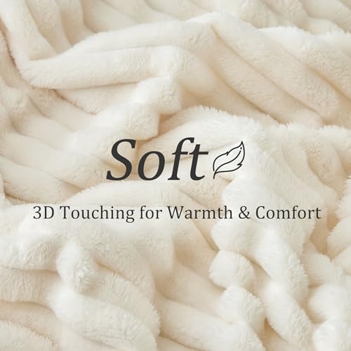 BEDELITE Ribbed Fleece Throw Blanket for Couch, Cream, 50"x60"