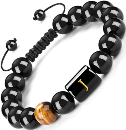 FRG Initials Bracelets for Men Letter Link Handmade Natural Black Onyx