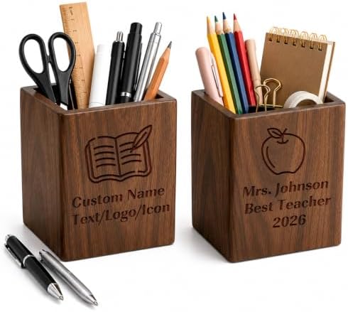 QYH Personalized Pen Holder for Desk, Wooden Pencil Holder Teacher