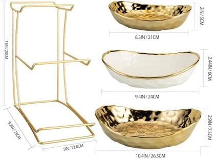 3-Tier Gold Fruit Bowl & Tray with Metal Stand - Ceramic White, Triple