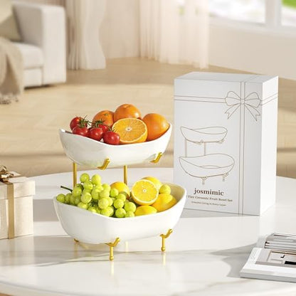 Ceramic 2 Tier Fruit Bowl, Fruit Basket for Kitchen Counter, Gold