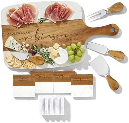 Personalized Wedding Gift for Couples - Engraved Acacia Wood & Marble