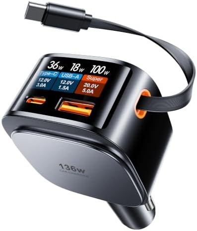 Estbuc 136W Retractable Car Charger, Fast USB C Cigarette Lighter