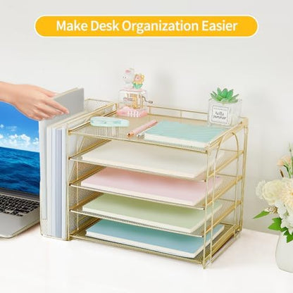 AUPSEN Gold Desk Organizers and Accessories, 5-Tier Desktop Paper File