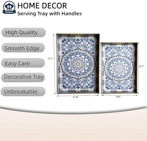 Boho Decorative Tray, Modern Blue Serving Tray with Handles, Ottoman