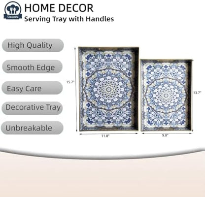 Boho Decorative Tray, Modern Blue Serving Tray with Handles, Ottoman
