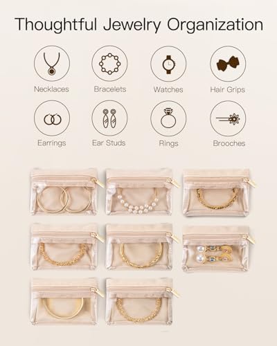 VLANDO Jewelry Travel Organizer with Clear 8 Velvet Bags,White