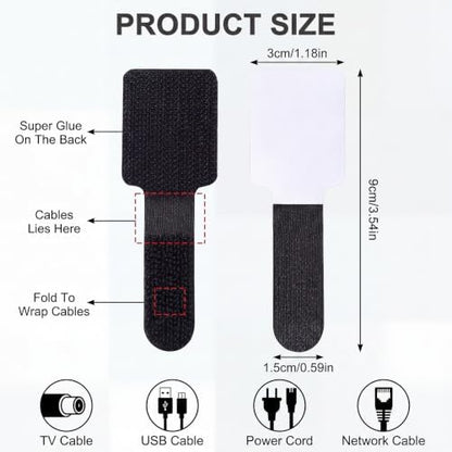 100 Pcs Cable Management Under Desk, Hook and Loop Cable Straps, Black