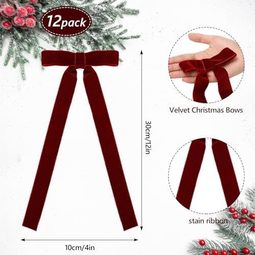 Whaline 12Pcs Velvet Christmas Bows for Candlestick Decor 4" x 12"