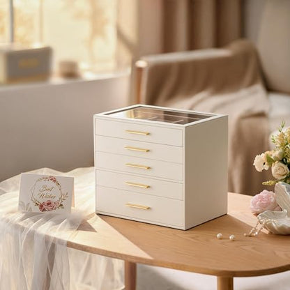 Jewelry Box Organizer Storage Case, 5-Layer with Glass Window, White