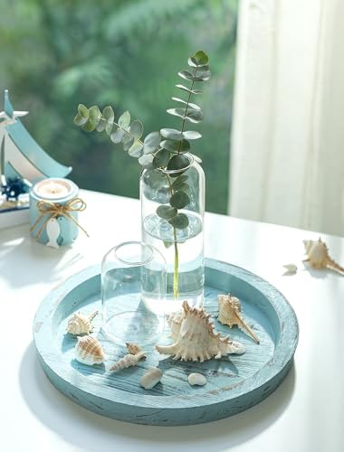 Hanobe Round Wood Candle Holder Tray, Ocean Blue Coastal Coffee Table