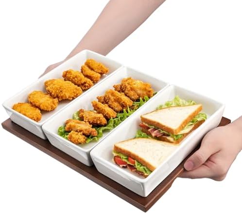 Elsjoy 3-Section Serving Tray, Wood Divided Serving Dish with Ceramic