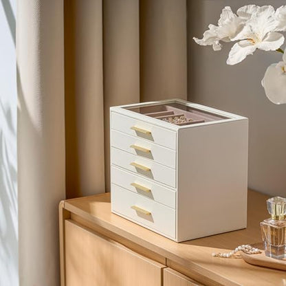 Jewelry Box Organizer Storage Case, 5-Layer with Glass Window, White