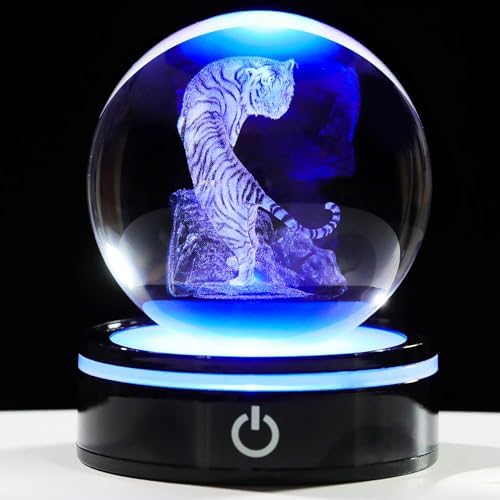 YWHL 3D Tiger Figurine Crystal Ball with Colorful Light Base, Tiger