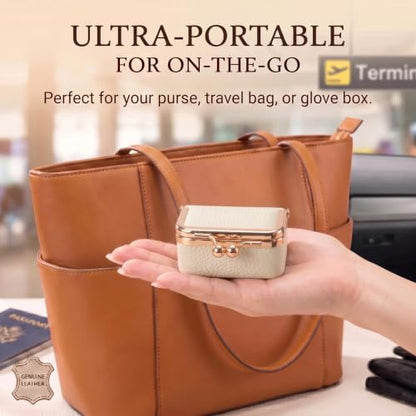 Genuine Leather Mini Travel Jewelry Box Kiss Lock Closure (White)