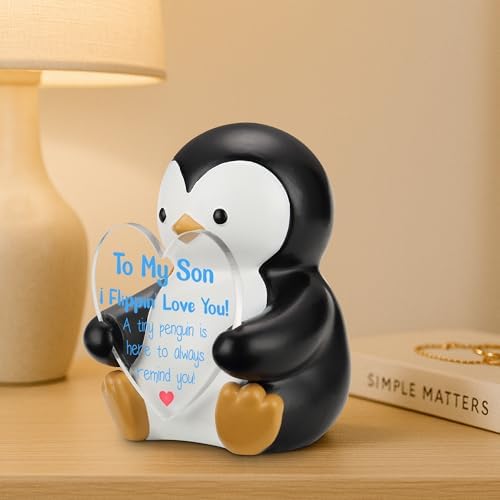 To My Son Penguin Figurine Gift, Resin Penguin Holding Heart Acrylic