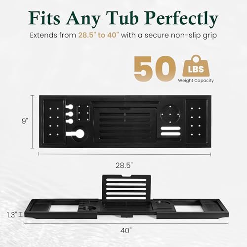 Teak Bathtub Tray, Adjustable Width Black Bath Caddy