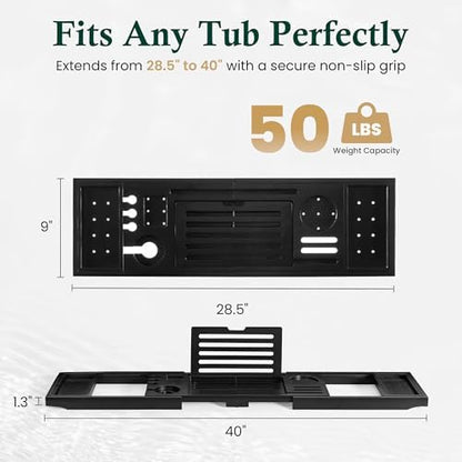 Teak Bathtub Tray, Adjustable Width Black Bath Caddy