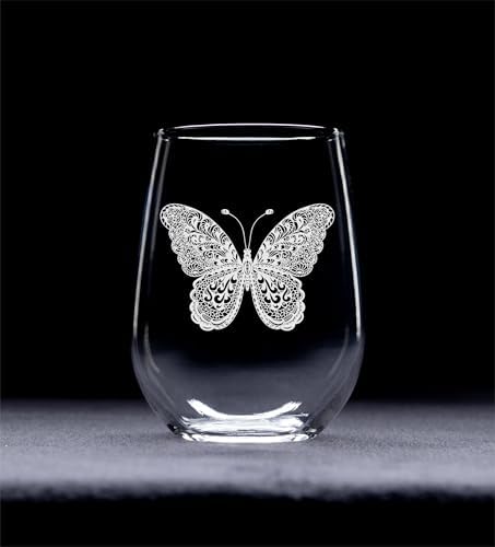 C M Butterfly Stemless Wine Glass - Butterfly Lover Gift for Women
