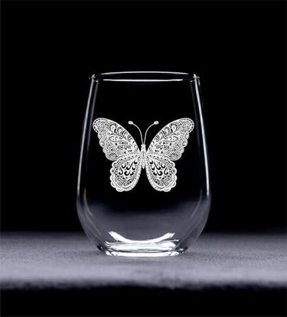 C M Butterfly Stemless Wine Glass - Butterfly Lover Gift for Women