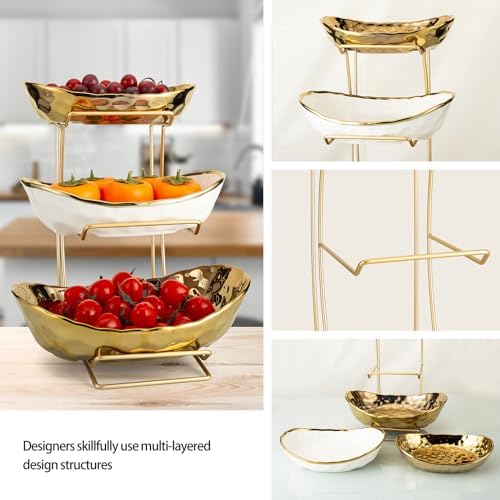 3-Tier Gold Fruit Bowl & Tray with Metal Stand - Ceramic White, Triple