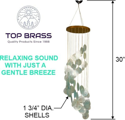 Top Brass Capiz Shell Wind Chime, 30" Spiral Coastal Outdoor Hanging