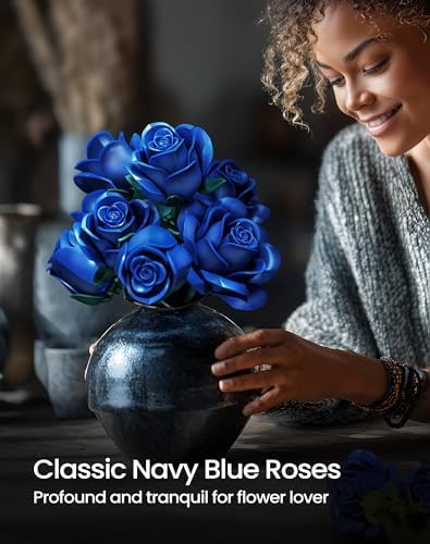 iATOM Blue Rose Bouquet Building Set, 12Pcs Flowers Botanical