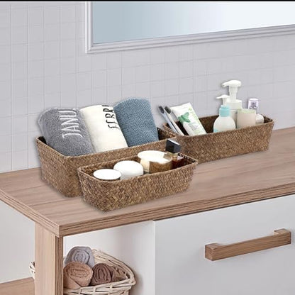 3 Natural Wicker Basket Set Rectangular Handwoven Seagrass Basket