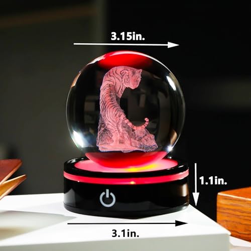 YWHL 3D Tiger Figurine Crystal Ball with Colorful Light Base, Tiger