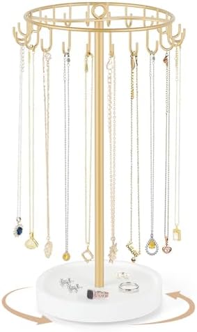 Mkono Rotating Necklace Holder, Gold Jewelry Display Rack Organizer