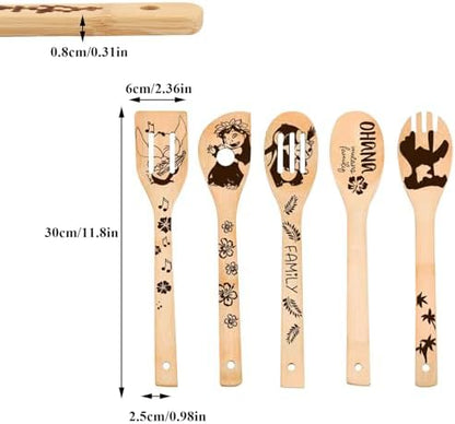 Leo and Stitc Wooden Cooking Spoons Set of 5 Burned Spatula Kitchen