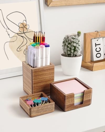 Acacia Wood Desk Organizer Set with Sticky Note Holder, Pencil Pen Cup