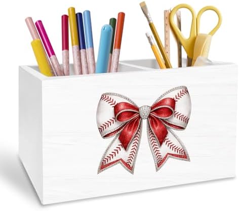 Coquette Baseball Bow Pen Holder for Desk, Baseball Lover Player Fan